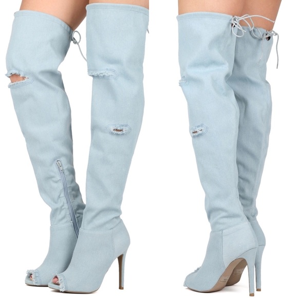 👖Frayed Light Denim Peep Toe Thigh Boots - Picture 2 of 6